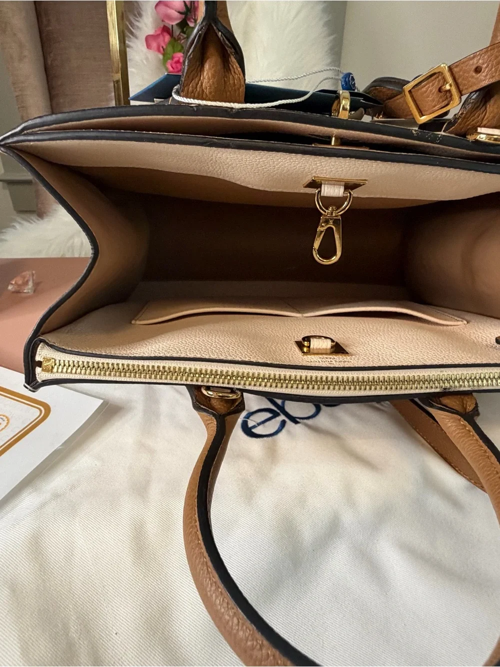 Authentic Louis Vuitton City Steamer PM Two-Tone Tan & Cream Leather Tote COA